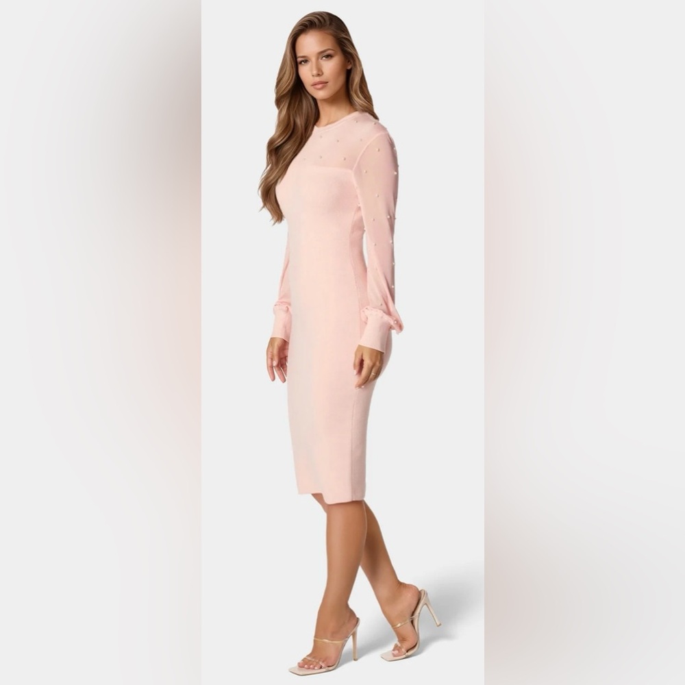 NWT BEBE SZ XS BLUSH with/Pearls Mesh Midi Sweater Dress #107862